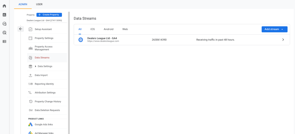Data Stream section in Google Analytics 4