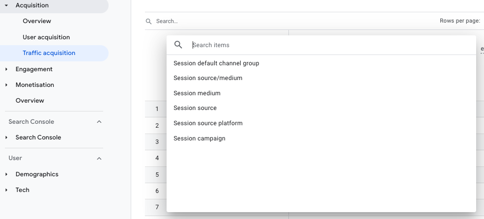 Screenshot of the filter for "SessionCampaign" in the Traffic Acquisition Report in Google Analytics 4
