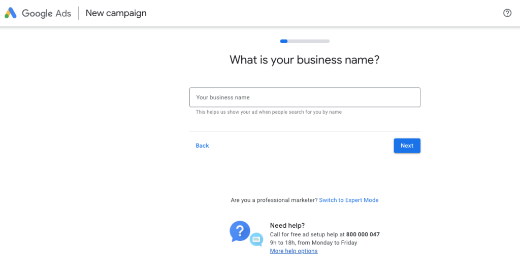 Google Ads Registration Screen
