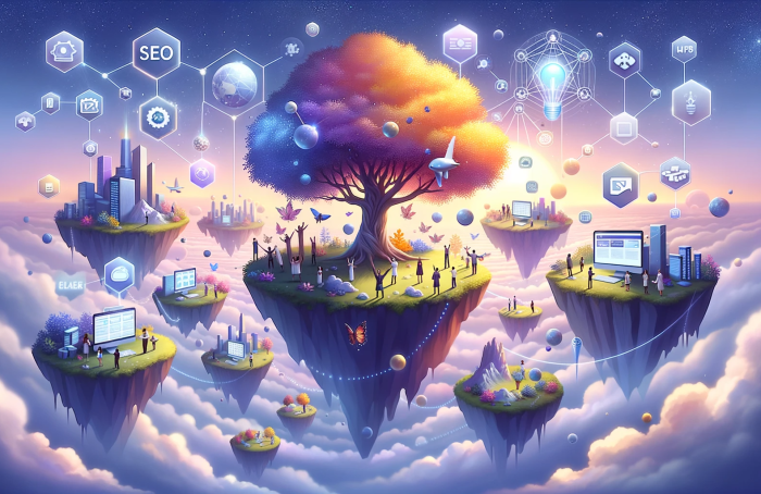 DALL·E 2023-10-23 15.36.12 – Illustration of a digital realm with floating islands. Each island represents a different facet of digital marketing, such as SEO, content creation, a